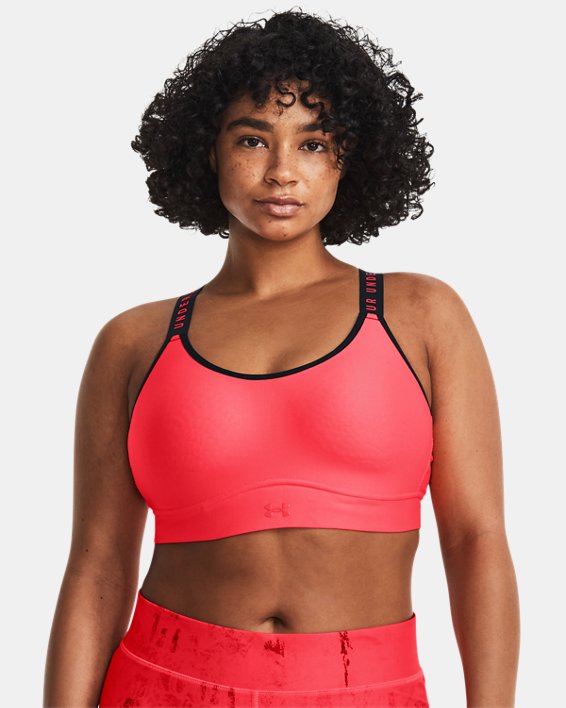 Women's UA Infinity Mid Covered Sports Bra, Red, pdpMainDesktop image number 3